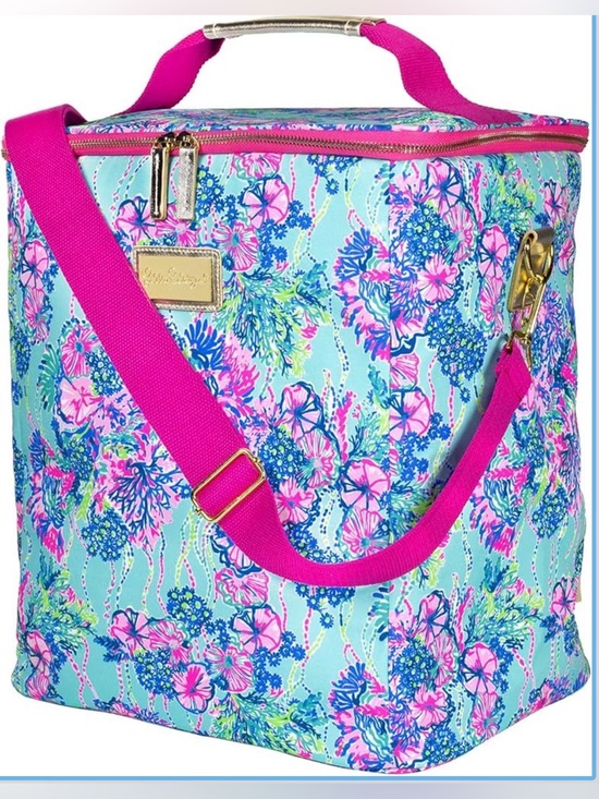Lilly Pulitzer Handbags - Lilly Pulitzer Aqua Floral insulated cooler with Hot Pink Strap
